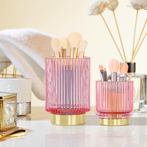 Glass Makeup Brush Holder Organizer, Gold Toothbrush Holders for Bathroom, Pink Makeup Brush Holder Cup for Vanity, Desk