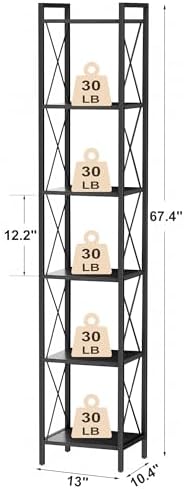 Homhedy 6 Tier Small Bookshelf, Tall Narrow Bookcase, Metal Book Shelf