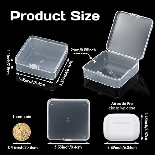 SATINIOR 300 Packs Clear Small Plastic Containers 3.35 X 3.35 X 1.1 Inches Transparent Storage Box with Hinged Lid in Bu