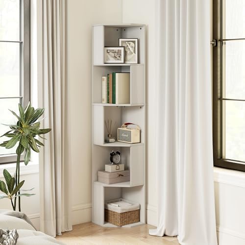 Wooden 5 Tier Narrow Shelf Bookcase with Open Shelves, 5 Tier Tall Thin Corner Bookshelf, Wooden Standing Corner Shelf f