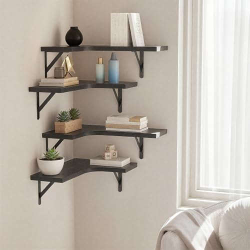 5 Pack Corner Floating Shelves, Wall Mounted Wood Shelf, Black