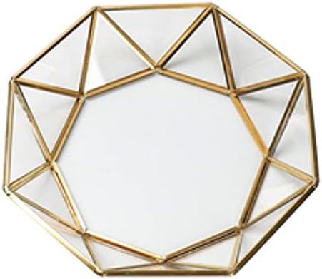 Octagonal Disc Vintage Gold Mirror Glass Vanity Tray,Ornate Geometric and Brass Plated Display Storage Organizer for Mak