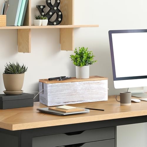 Large Cable Management Box, White Washed Wood Cord Organizer Box for Desk, Floor, Office to Hide Extension Cords Power S