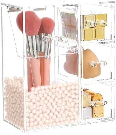 ShellKingdom Makeup Brush Holder,Clear Cosmetic Brushes Organizer With Drawer for Storage Brushes with Lid and Pearl for