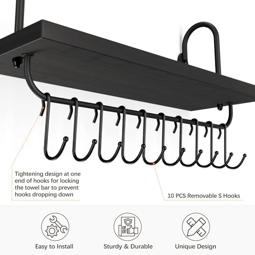 Olakee Floating Wall Shelves for Kitchen Bathroom Coffee Nook with 10 Adjustable Hooks for Mugs Cooking Utensils or Towe