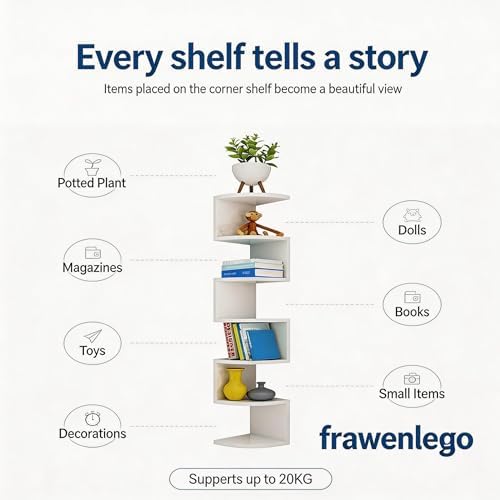 No-Drill Corner Shelf Wall Mount, 7-Tier Floating Corner Bookshelf with Hooks, Space-Saving Zigzag Plant Shelf for Bedro