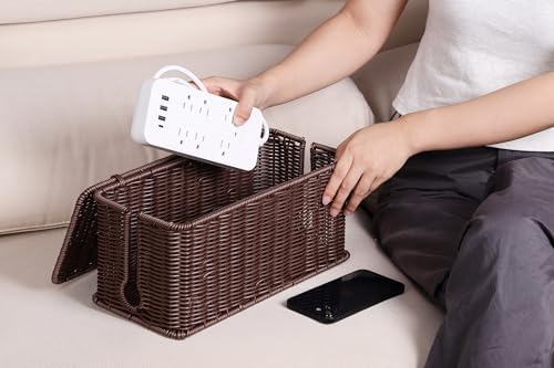 ZhiYo Rattan Cable Management Box, Dark Brown, 13.5" x 6.2" x 6"
