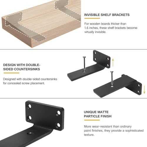 HITOMEN Heavy Duty Floating Shelf Brackets, 5-Inch (1/5'' Thick) Hidden Shelves Hardware, Iron L Brackets, Rustic Indust