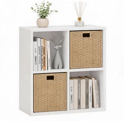 4 Cube Storage Organizer with Back Panel, Cube Bookshelf, White