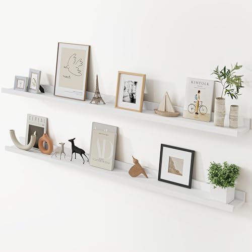 Acovy Long Floating Shelves for Wall, 55 inch Solid Wood Picture Ledge Shelf, Picture Shelf for Wall with Ledge, Floating Book Shelves for Living Room Bedroom Kitchen Nursery Decor, White, Set of 2