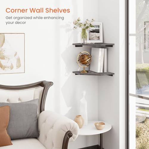 Homode Corner Shelf Wall Mount, Set of 2 Corner Floating Shelves with Cord Hole for TV, Cable Box, Wood Hanging Storage 