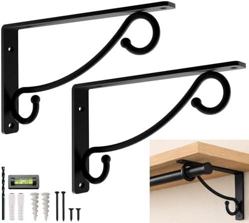 Closet Rod Bracket, 12 Inch –14 Inch Hook Shelf Brackets Heavy Duty Wall Mounted, Black Closet Rod Support Brackets for 