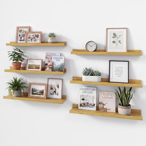 Acovy Floating Shelves Set of 6, 24 Inch Wall Mounted Picture Ledge Shelf with Lip, Oak Display Shelves for Living Room, Bedroom, Nursery, Bathroom & Kitchen