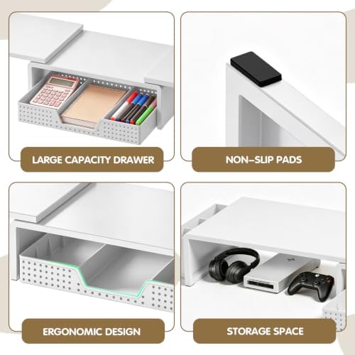 LEKETREE Dual Monitor Stand Riser with Drawer and 2 Pen Holders, White