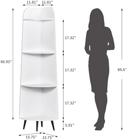 VECELO 4-Tier Curved Corner Shelf, 66.93" Tall Corner Bookshelf, White | Curved modern design, 4 open tiers, 66.93" tall