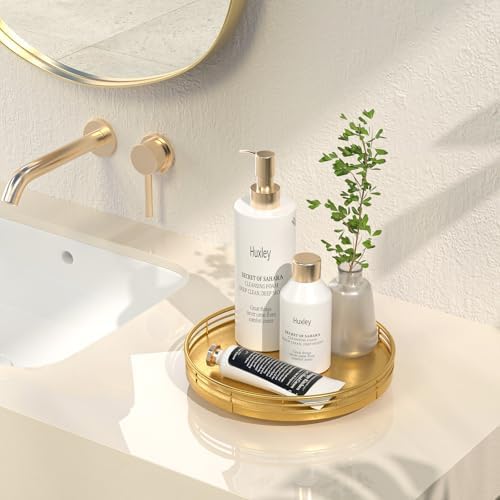 Oroyutor 9-Inch Oak Lazy Susan Vanity Tray with Gold Metal Rail