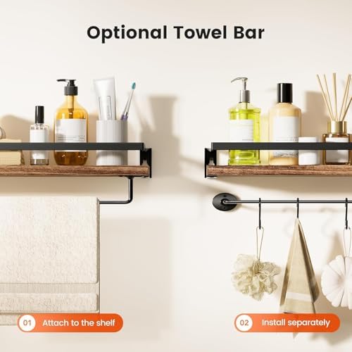 Amada Bathroom Shelves with Towel Bar, Set of 2, Rustic Brown