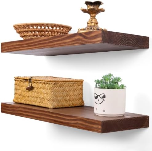 BGMG Wood Floating Shelves for Wall 18 inch Set of 2, Rustic Wooden Wall Mount Shelves for Bathroom Living Room Bedroom Kitchen Farmhouse -18x 6.7-Rustic Brown