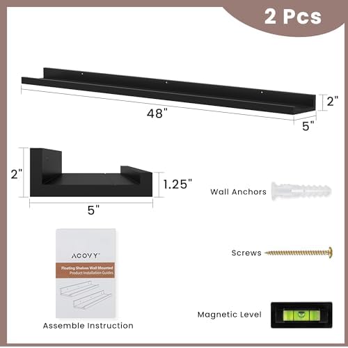 Acovy Long Floating Shelves for Wall, 48 inch Solid Wood Picture Ledge Shelf, Picture Shelf for Wall with Ledge, Floating Book Shelves for Living Room Bedroom Kitchen Nursery Decor, Black, Set of 2