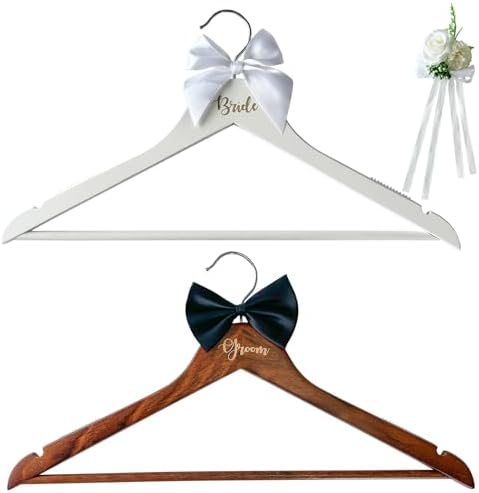 Groom Bride Hanger for Wedding Dress or Suit - 2 Pack Wedding Hangers Gifts Accessories - Bridal Hanger with Bow Tie & E