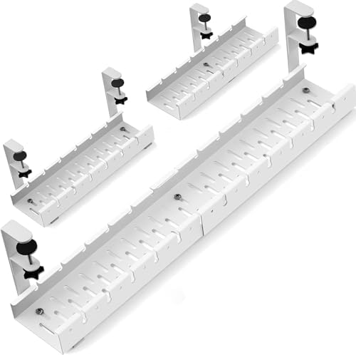 No Drilling Extendable Under Desk Cable Management, Metal Cable Management Tray Under Desk with Clamp, Retractable Power