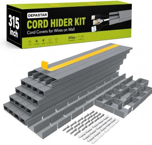 315” Cord Hider Kit, Gray Cable Raceway for Wall Mounted TV Wires, Wire Cover with Adhesive Tape, Screws and Connectors 