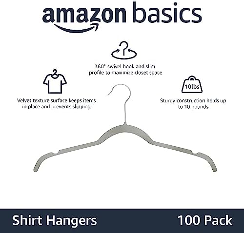 Amazon Basics Space Saving Slim Velvet Non-Slip Clothes Hangers, Sturdy, Gray/Silver, 100-Pack