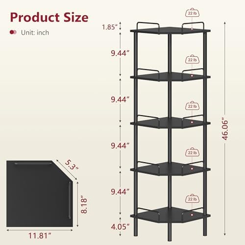 Tajsoon 5 Tier Corner Shelf Stand, Standing Corner Shelf Unit, Black