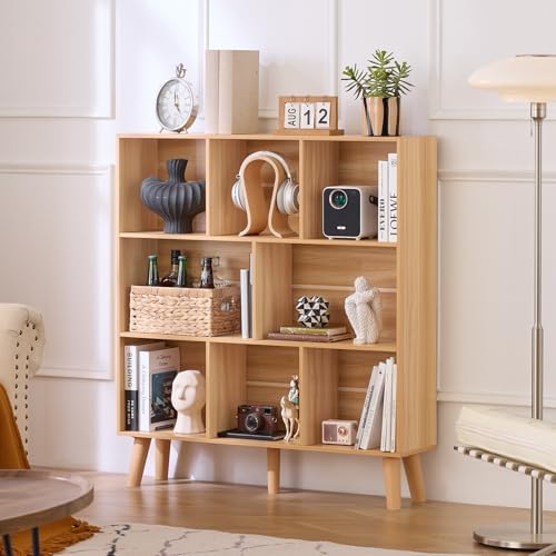 LEYAOYAO 8 Cube Bookshelf, Mid-Century Modern Book Shelf with Legs, Natural