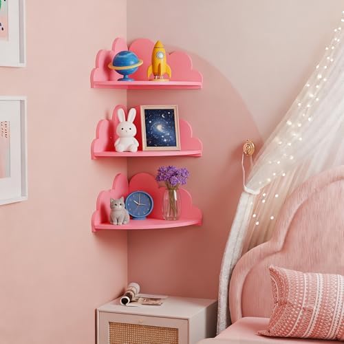 Cloud Corner Floating Shelves, Set of 3 Cloud Corner Shelf Wall Mounted, Cute Nursery Wall Decor, Small Wooden Display S