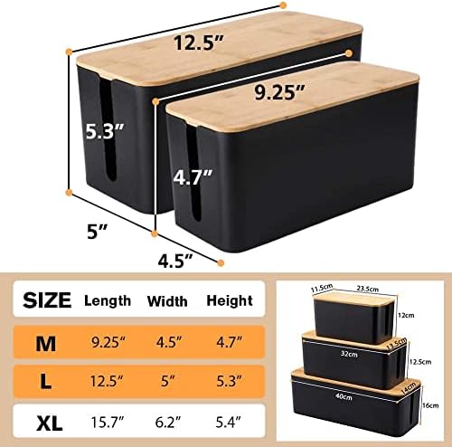 Cable Management Box, 2 Pack Bamboo Lid Large Storage Wires Organizer Holder for Home, Desk, TV, Computer, USB Hub - to 