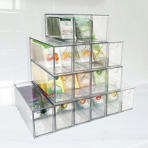AZEZO 16-Pack Tea Bag Drawers Organizer - 16 Clear Plastic Drawer Tea Bag Holder; Stackable & Portable; Wider Size; Well