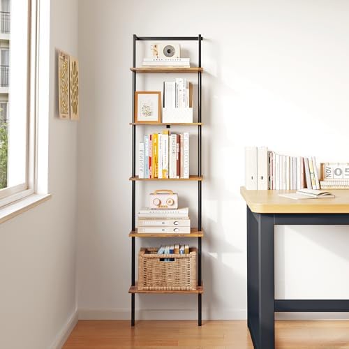 5-Tier Wall Mounted Ladder Shelf, Rustic Brown, 64.7" H