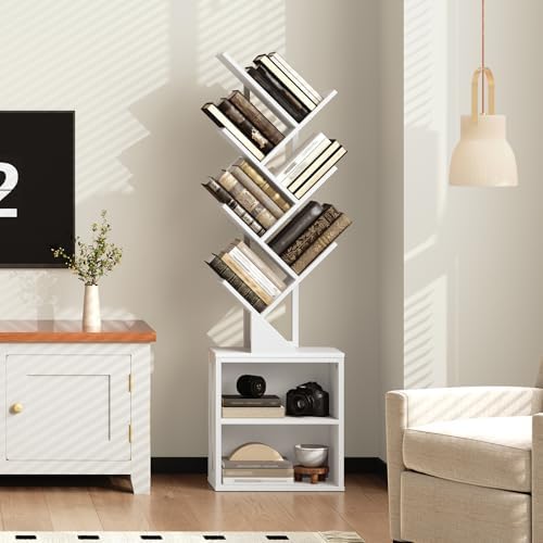 RALGEND Tree Bookshelf, 6 Tier Bookcase with 2 Storage Racks, Free Standing Wooden Bookcase, Floor Standing Book Shelf O