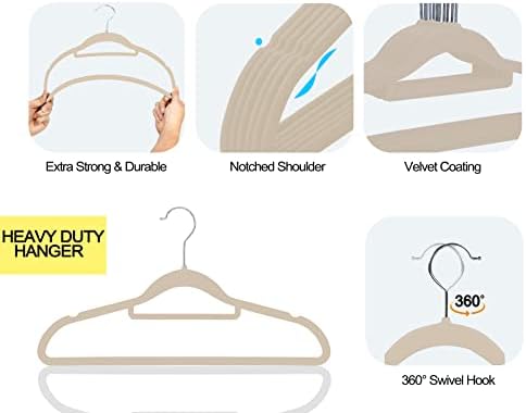 GVTECH Premium Velvet Hangers, [50 Pack] Non Slip and Heavy Duty Velvet Suit Hangers (45cm) with Tie Bar, 360° Swivel Hooks, Sturdy to Hold Jumper, Pullovers, Jackets & Hoodies (50 Pack, Beige)