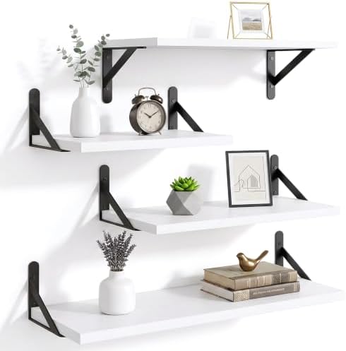 YGEOMER 4 Different Sizes Floating Shelves for Wall Decor, White and Black