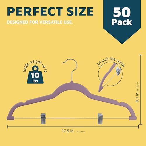 Lifemaster Velvet Skirt Hangers – with Adjustable Clips, 360 Degree Swivel Hook, and Non-Slip Shoulder Notch, Holds Up to 10 lbs, for Organizing Skirt, Pants, Dress, and Clothes, Pack of 50, Purple