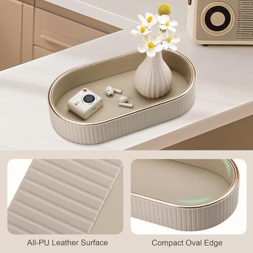 GORESE PU Leather Perfume Tray Nightstand Organizer, Small Oval Desk Tray Jewelry Trinket Trays Valet Organizer Key Bowl