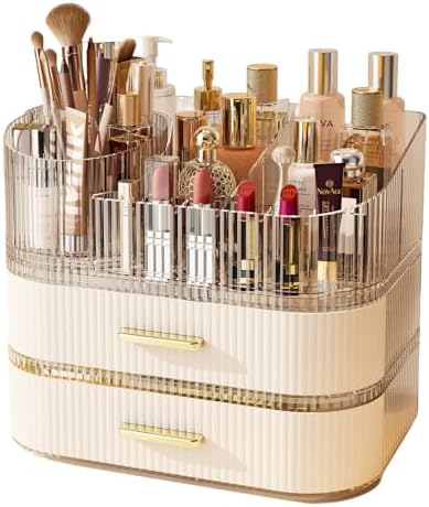Makeup Organizer with 360 Rotating Brush Holder and Stackable Drawers, Cosmetic Display Case for Vanity, Bathroom Counte