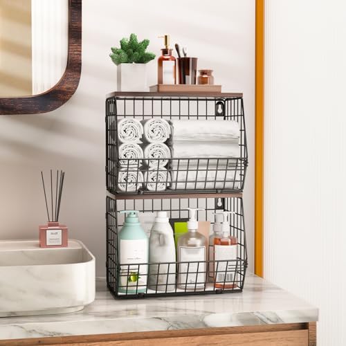 Wawocs Fruit Basket for Kitchen Counter 2 Tier Fruit Bowl, Stackable Wall Mounted Hanging Fruit Basket Wire Baskets with
