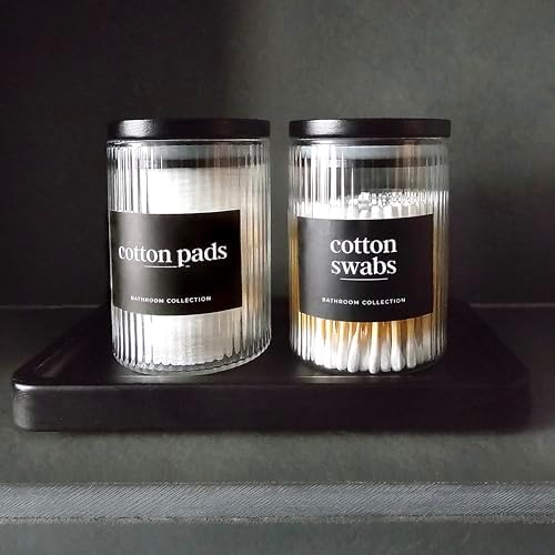 Mason & Fable Ribbed Glass Bathroom Jars & Tray Set | 10 fl oz, Set of 2 Storage Canister with Airtight Black Bamboo Lid
