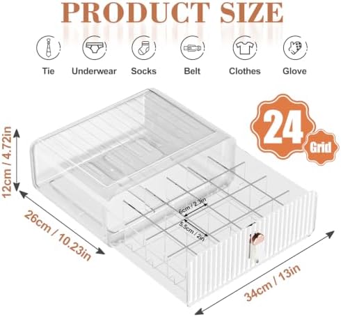 Sock Underwear Drawer Organizer - 24 Compartment Clear Acrylic Storage Bins with Removable Dividers for Closet, Stackabl