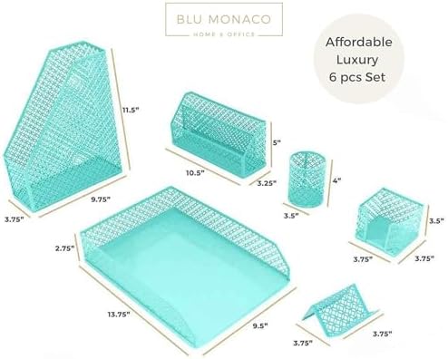 BLU MONACO Aqua - Teal 6 Piece Cute Desk Organizer Set - Desk Organizers and Accessories for Women - Cute Office Desk Accessories - Desktop Organization