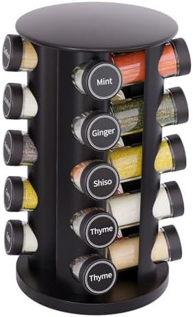 New England Stories Revolving Spice Rack Set with 20 Spice Jars, Kitchen Spice Tower Organizer for Countertop or Cabinet