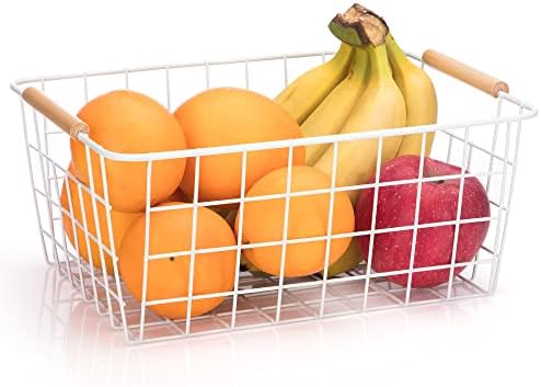 Metal White Wire Basket,Food Storage Organizer with Wooden Handles, pantry organizers and storage for Organizing Kitchen