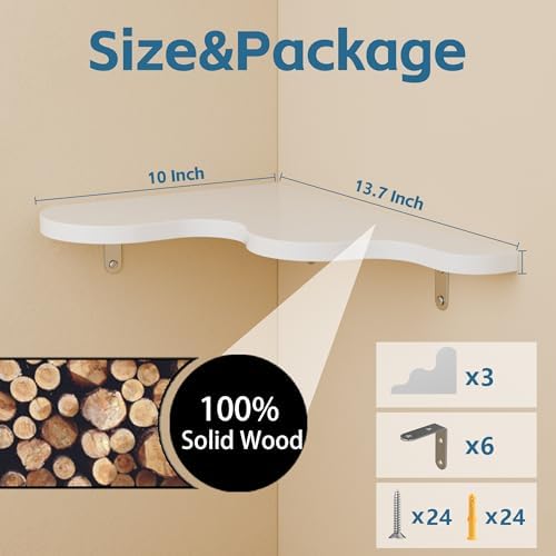 Cute Cloud Corner Shelves - Set of 3 White Wooden Floating Corner Shelves Wall Mounted, 90-Degree Space-Saving Nursery S