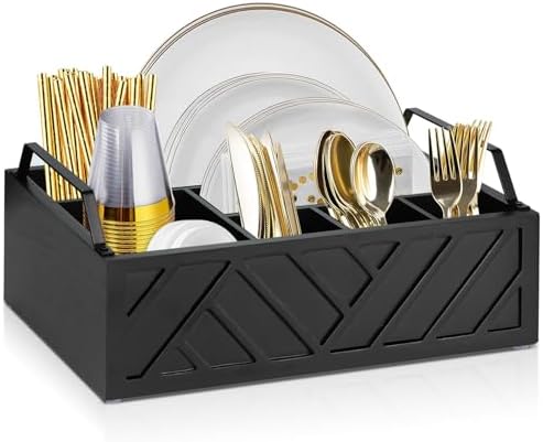 Ukonvi Paper Plate Dispenser and Holder for Kitchen Counter, Wood Rustic Silverware Utensil Caddy, Cutlery Flatware Orga