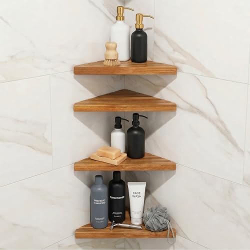 ENKEZI Acacia 2,3,4 Tiers Corner Shower Shelf, Triangular Corner Shelf Wooden Bathroom Shelf for Tiled Wall, Shower Corn