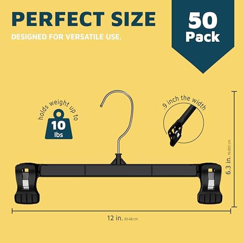 Lifemaster Pants Hangers with Clips Pack of 50, 12-Inch Heavy-Duty Clothes Hangers with Non-Slip Ridged Grip Clips & 360° Swivel Hook, Space-Saving Closet Organizer for Pants, Skirts & Shorts, Gray