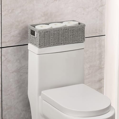 Vagusicc Wicker Storage Basket, Paper Rope Wicker Baskets with Handles, Toilet Paper Basket for Toilet Tank Top, Small Wicke Baskets for Organizing Shelves, 2-Pack, Grey